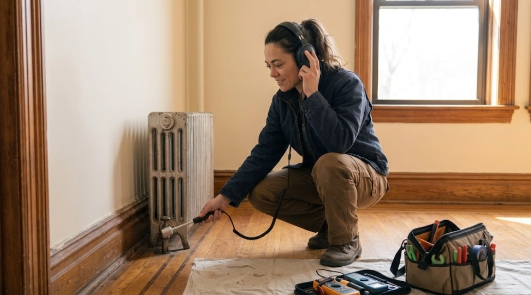 Plumber using electronic acoustic listening device for hidden water leak detection in Cypress Hills Brooklyn