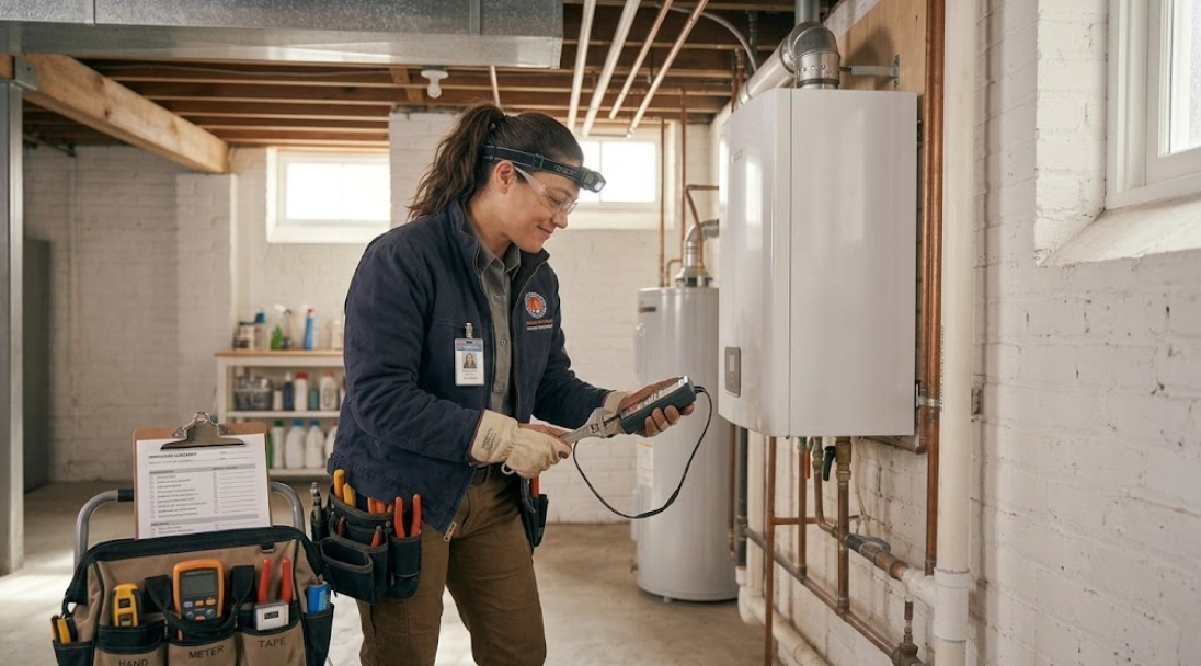 Modern boiler system piping and pressure controls in a Brooklyn mechanical room