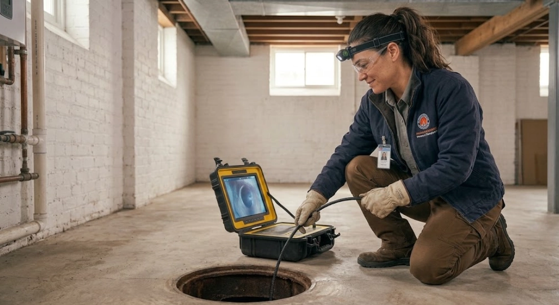 Plumber monitoring HD video monitor during sewer camera inspection in Cypress Hills Brooklyn